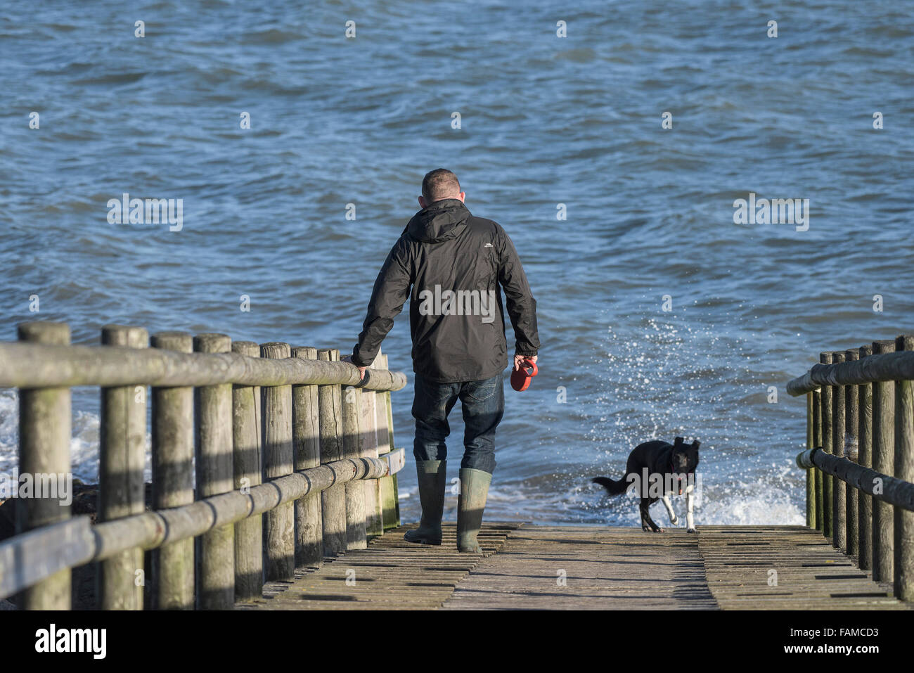 L uomo e il suo cane - un uomo e il suo cane a camminare su una passerella di legno sull'estuario del Tamigi Foto Stock