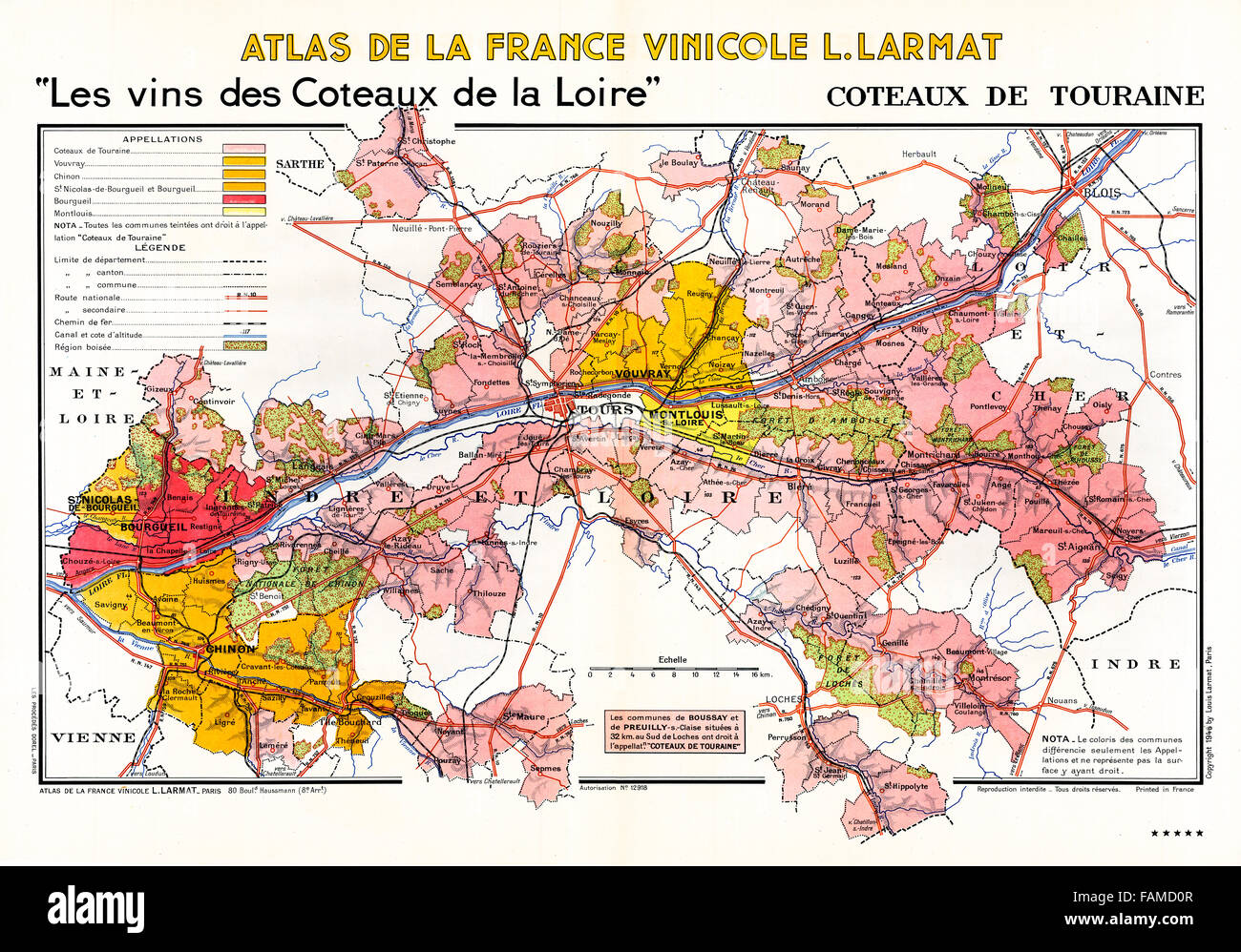Coteaux de Touraine, Atlante dei vini della Valle della Loira che mostra i vigneti, borghi e paesi di collina lungo il fiume Foto Stock
