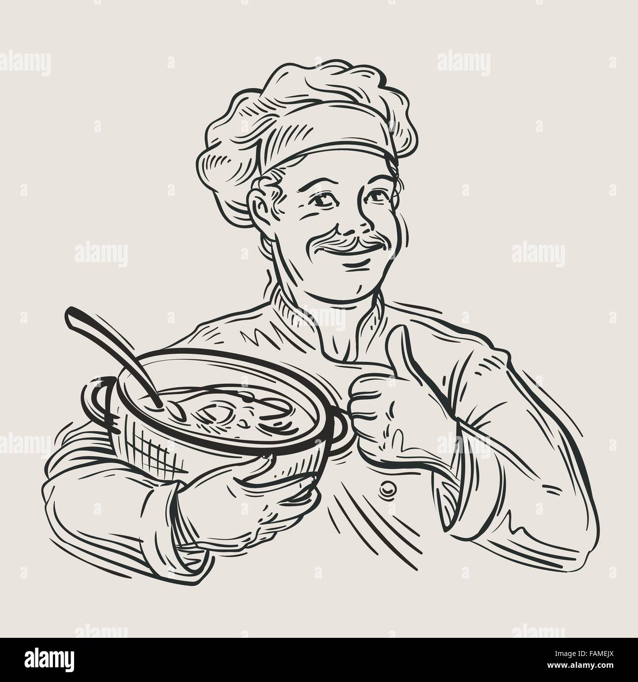 Disegnato a mano dello chef felice con la coppa in mano. illustrazione vettoriale Illustrazione Vettoriale