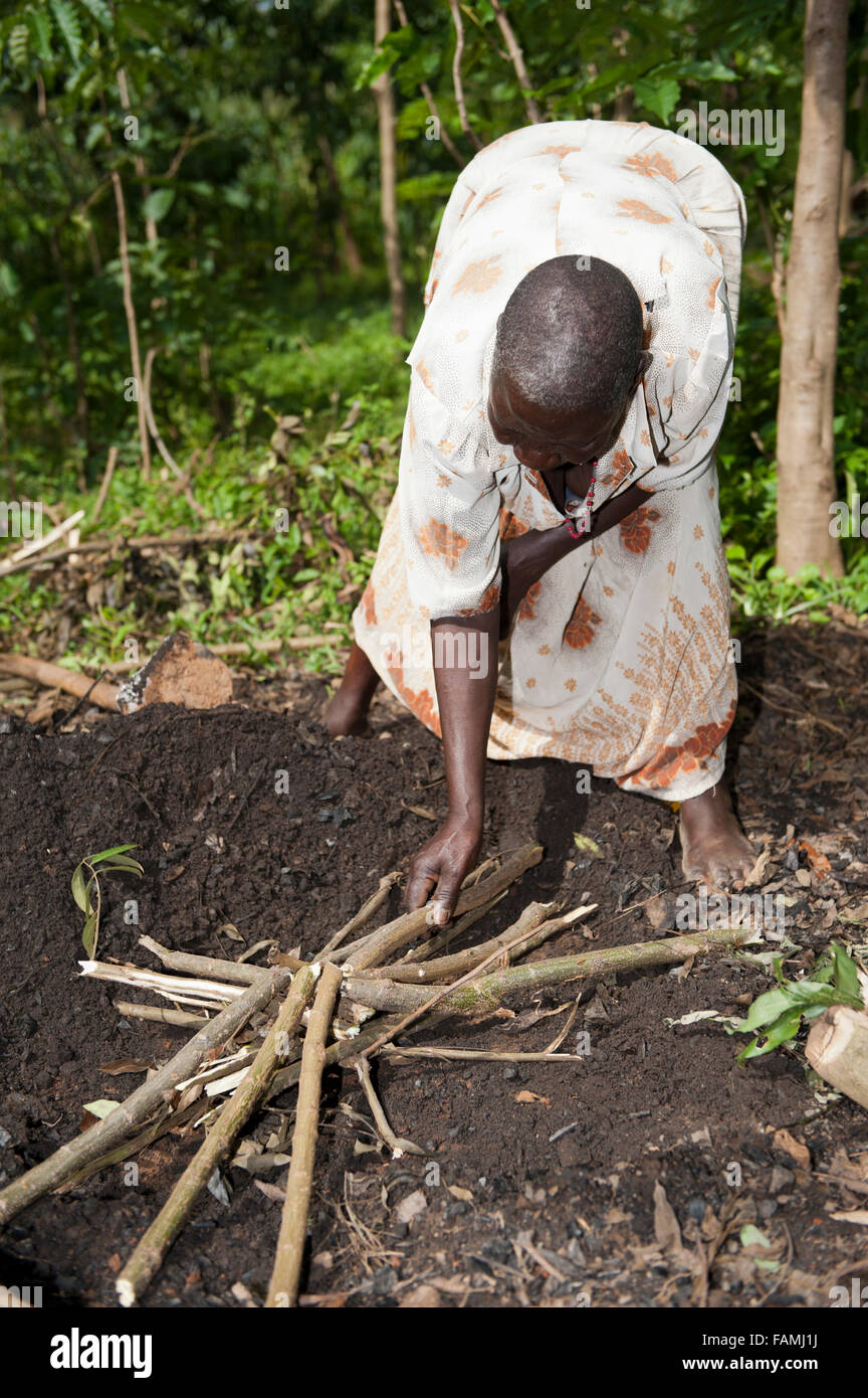 La donna prepara una una buca per il fuoco per fare carbone a vendere al mercato. Kenya. Foto Stock