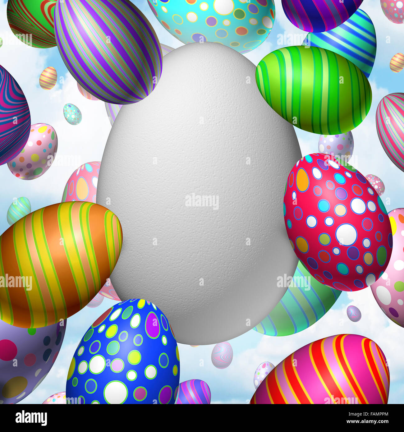 Celebrazione di pasqua uovo vuoto nozione come un gruppo di battenti uova decorate con un grande uovo bianco come un simbolo per la festa di primavera di comunicazione del messaggio. Foto Stock