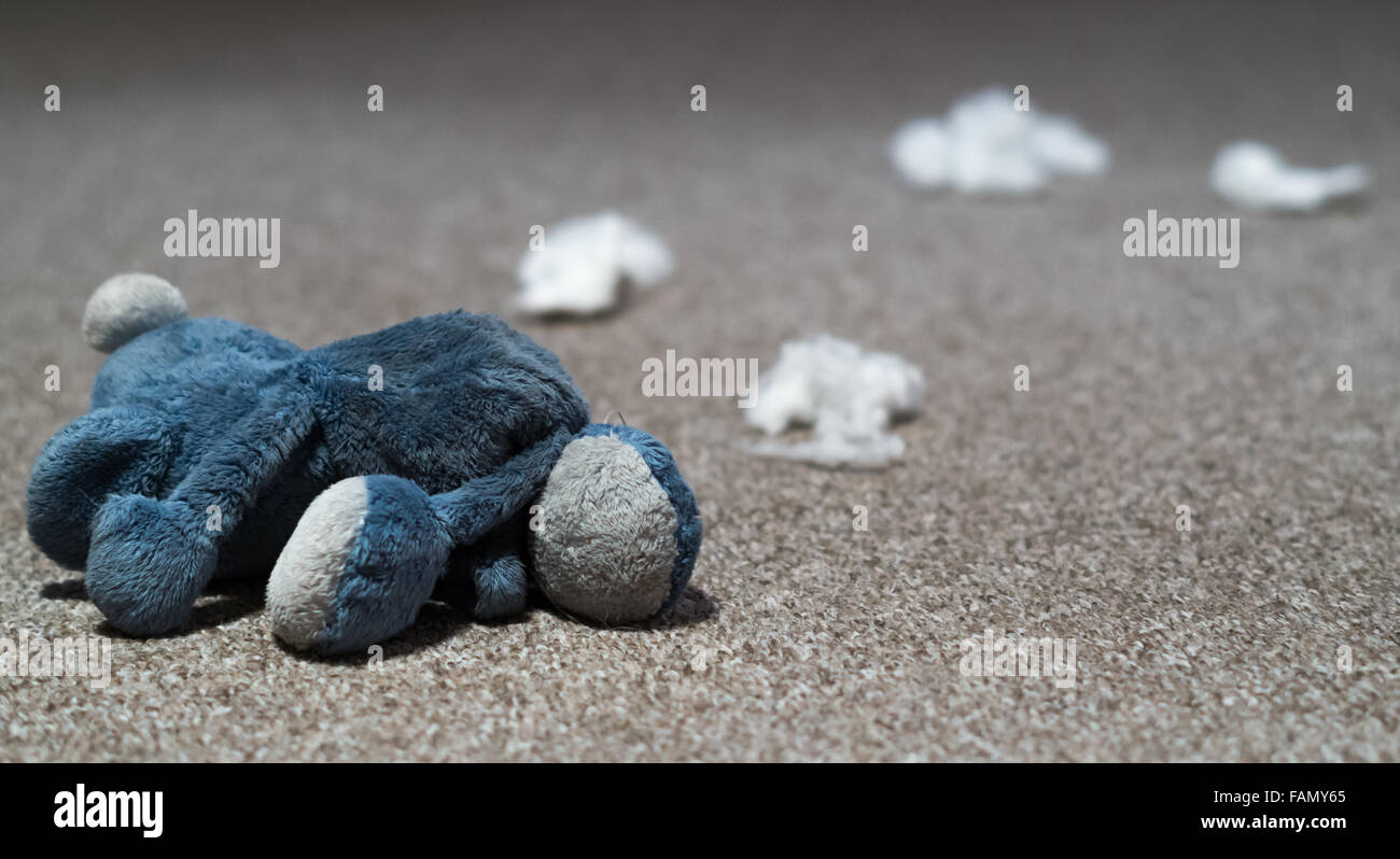 Un blu giocattolo morbido che è stato distrutto da un cane con il suo riempimento disteso su un pavimento di moquette. Foto Stock