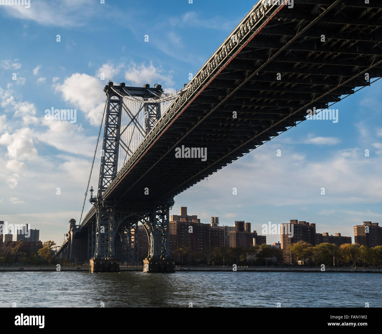 Il Williamsburg sospensione ponte sull'East River shot dal di sotto, New York Foto Stock