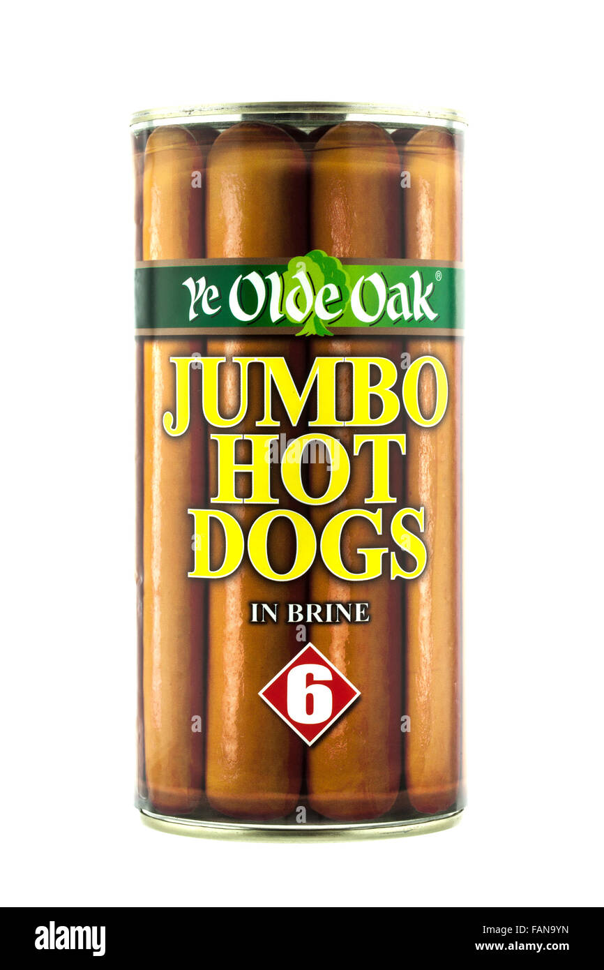 Può essere di 6 voi vecchio Jumbo Oake Hot Dogs in salamoia su sfondo bianco Foto Stock
