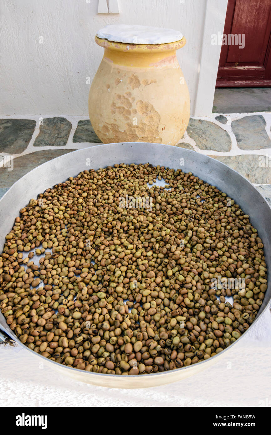 Fava di essiccazione al sole su una parete al di fuori di una casa in Folegandros, Cicladi Grecia Foto Stock