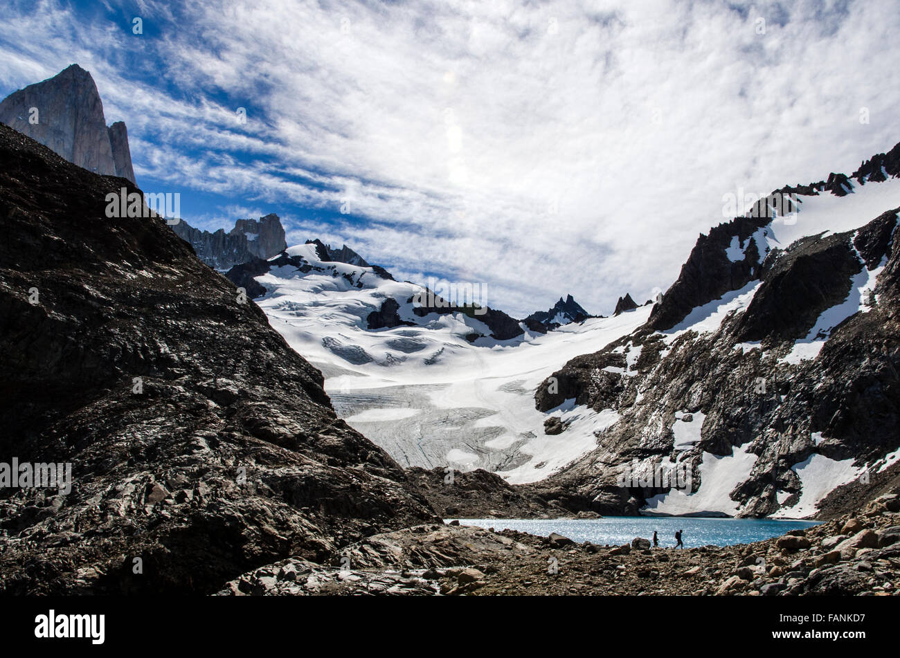 Gli escursionisti a piedi dal lago di montagna con il Monte Fitz Roy in background El Chalten, Patagonia, Argentina, Sud America Foto Stock Gli escursionisti a piedi dal lago di montagna con il Monte Fitz Roy in background El Chalten, Patagonia, Argentina, Sud America Foto Stock