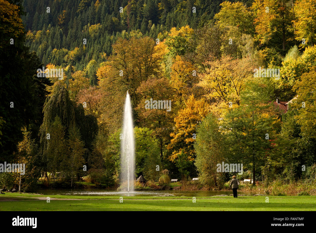 Bad Liebenzell i giardini del centro termale e una fontana, la Foresta Nera settentrionale, Baden-Württemberg, Germania Foto Stock