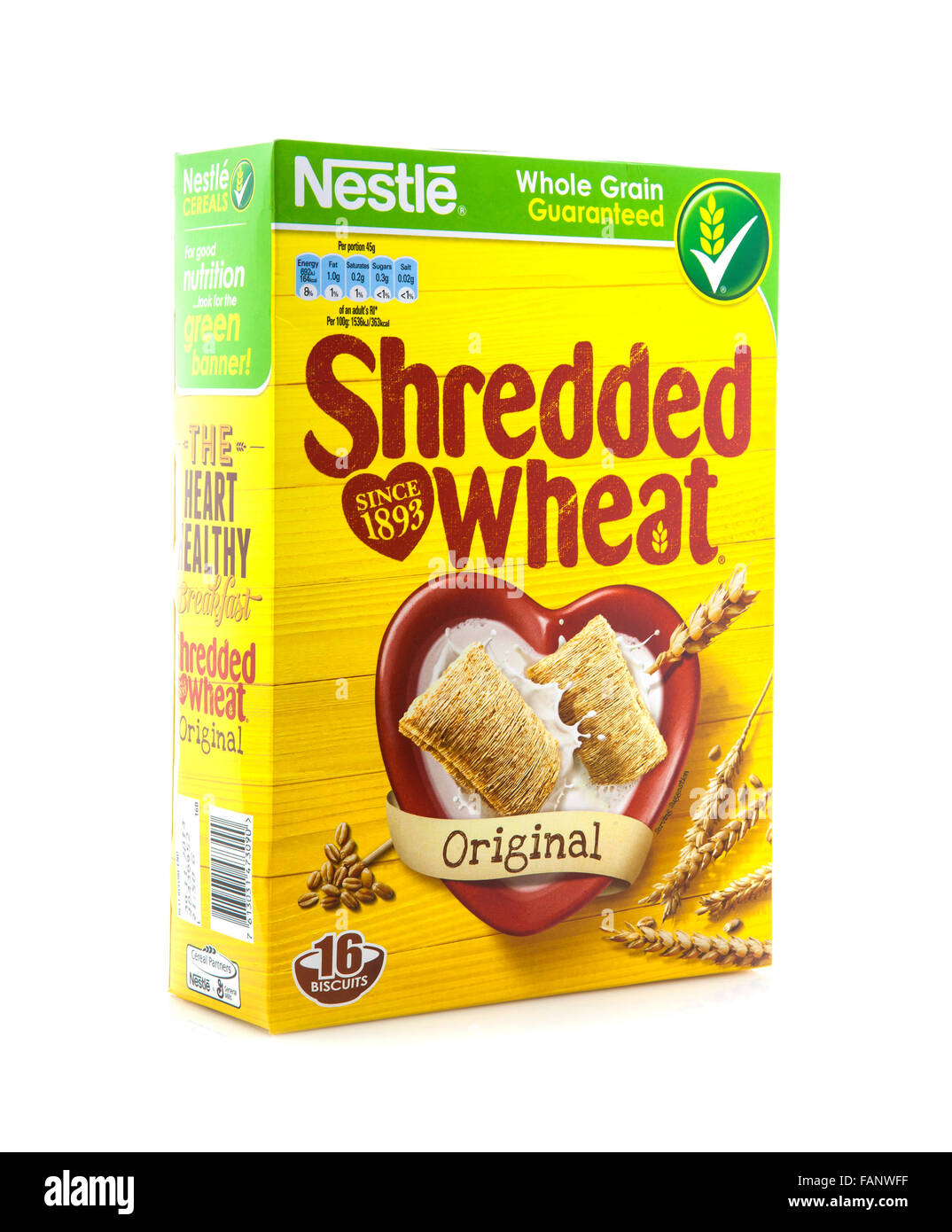 Scatola di grano Shreaded dei cereali su sfondo bianco, Shreaded grano è realizzato da Nestlé Foto Stock