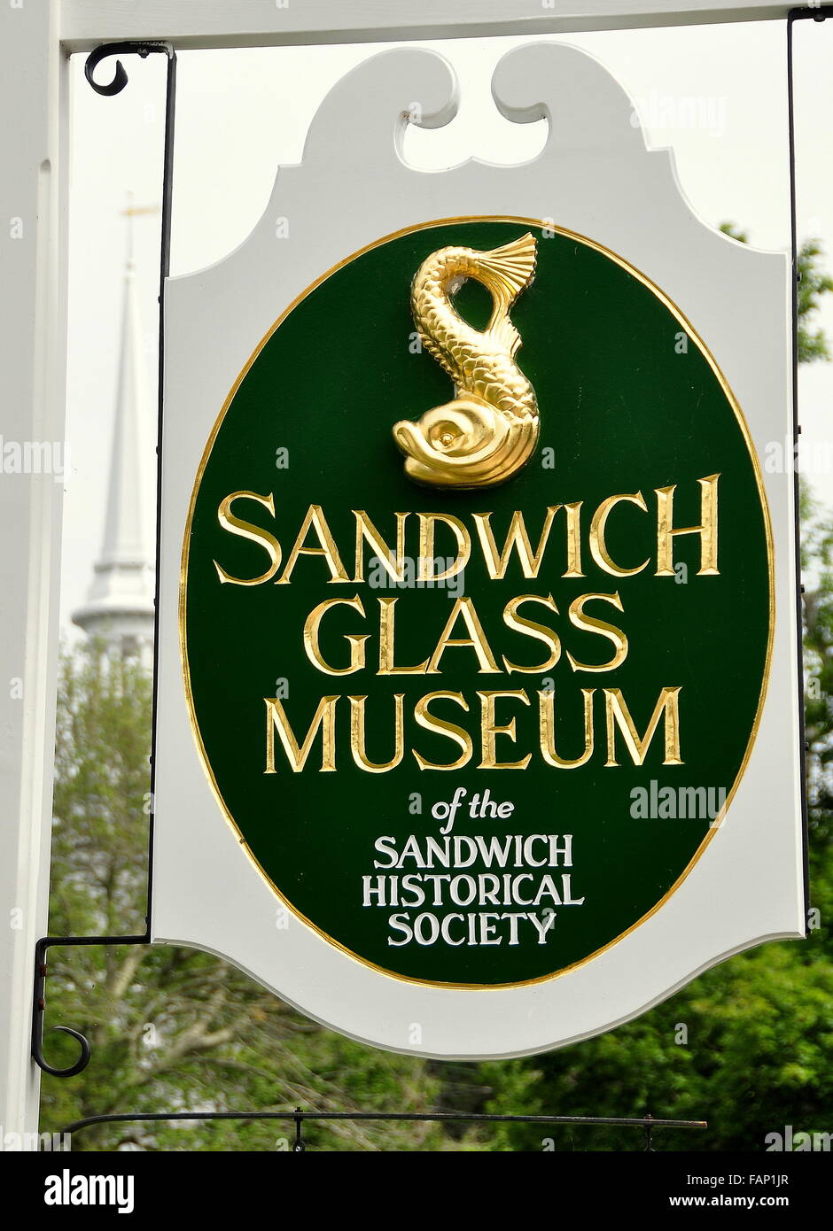 Sandwich, Massachusetts: cartello in legno per il Sandwich museo del vetro del sandwich Historical Society Foto Stock