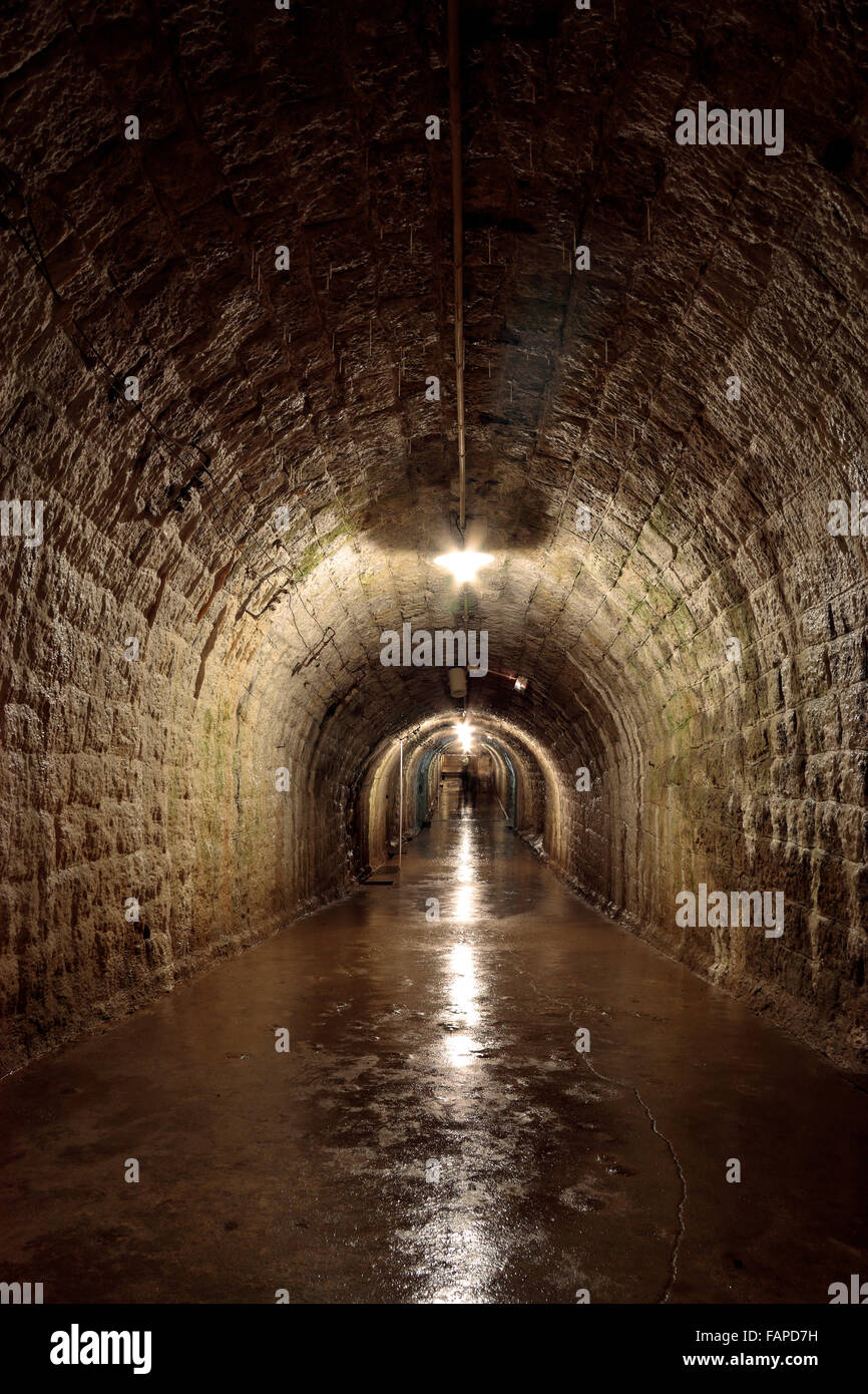Lunga buia e umida abitacolo tunnel Fort De Douaumont, Verdun, Lorena, Francia. Foto Stock