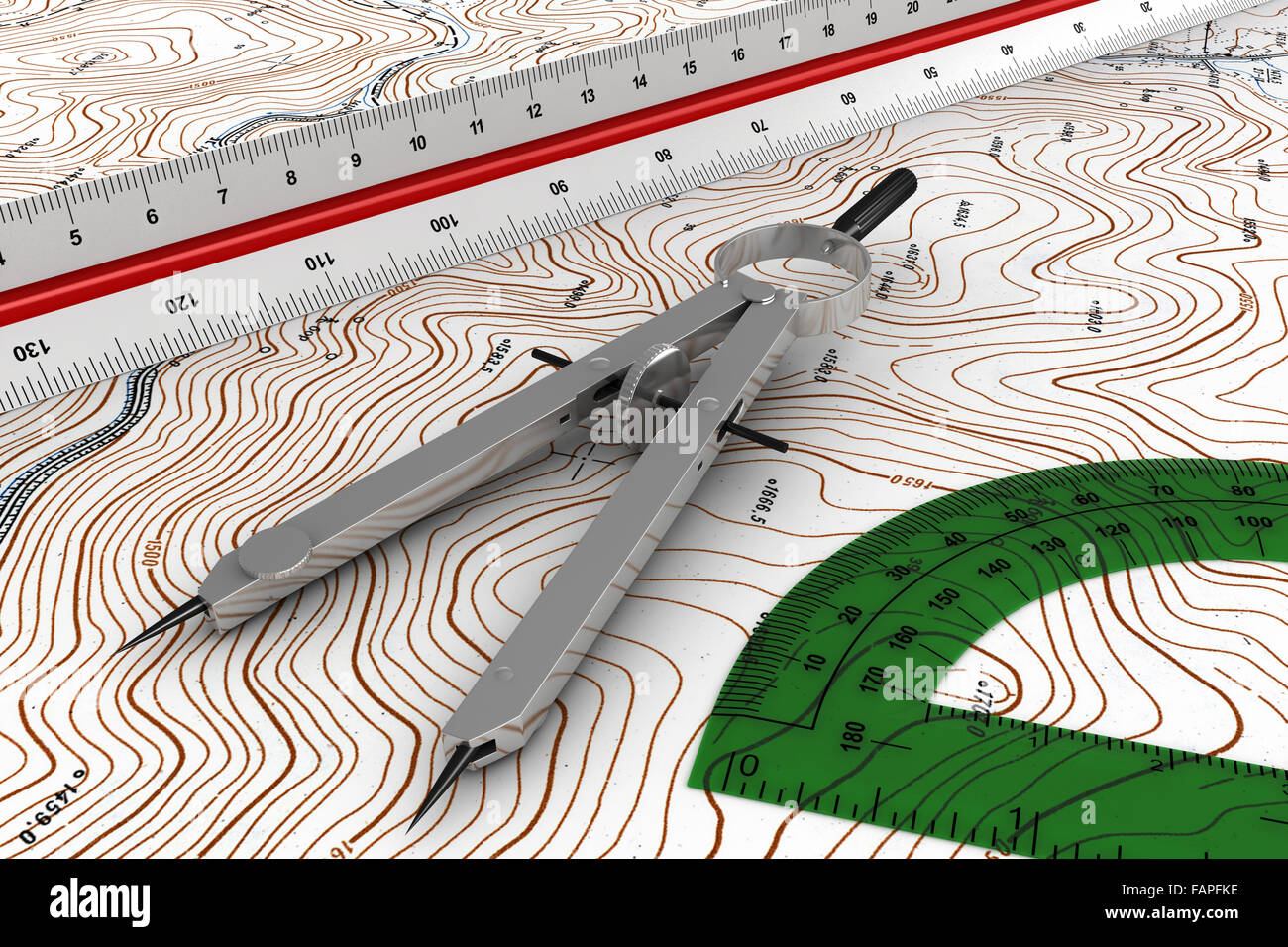 3D render di strumenti di engineering su carta topografica Foto Stock