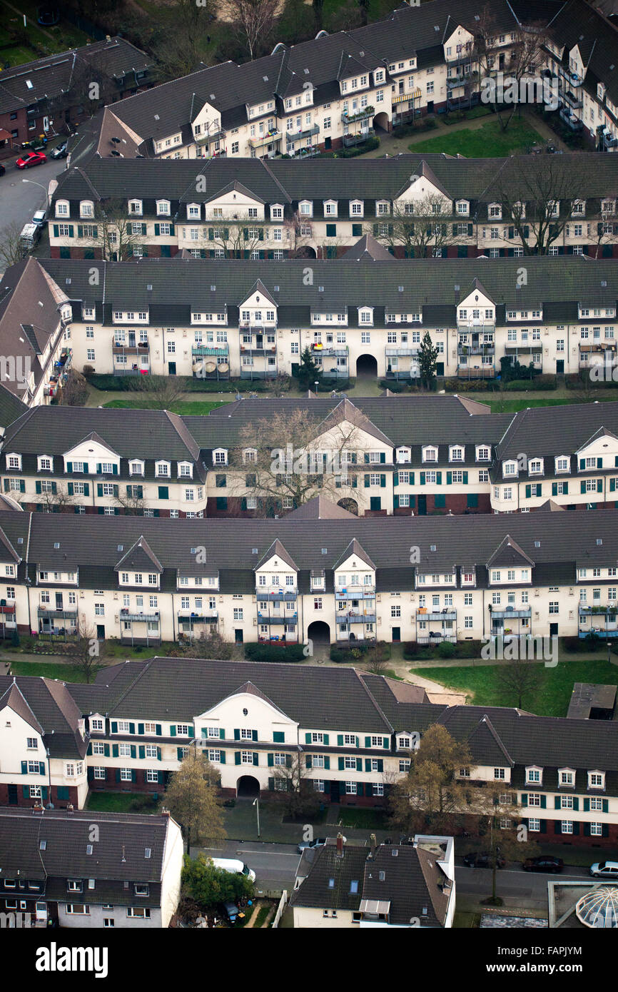 Vista aerea, lo sviluppo di alloggiamento, catena negozio architettura, Hüttenwerke Krupp Mannesmann, costruito nello stile di architettura Foto Stock