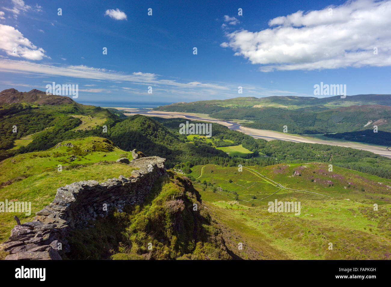 Una vista presa alta sul lato meridionale della valle Mawddach guardando verso ovest lungo il fiume verso Cardigan Bay e Barmouth Foto Stock