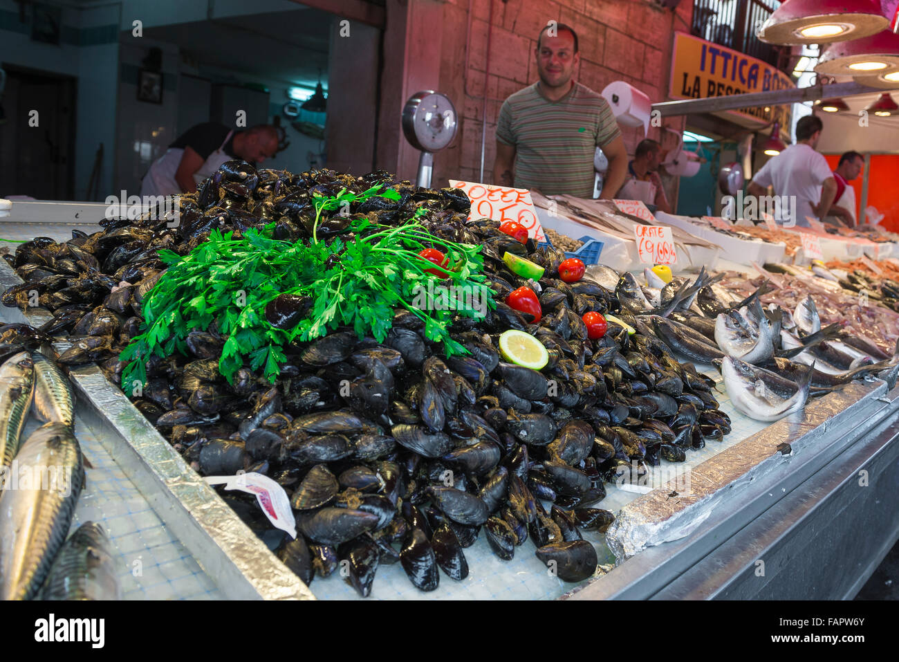 Cozze mercato di frutti di mare, vista di cozze fresche per la vendita sul mercato in Siracusa (Ortigia) Isola, Siracusa (Siracusa) Sicilia. Foto Stock