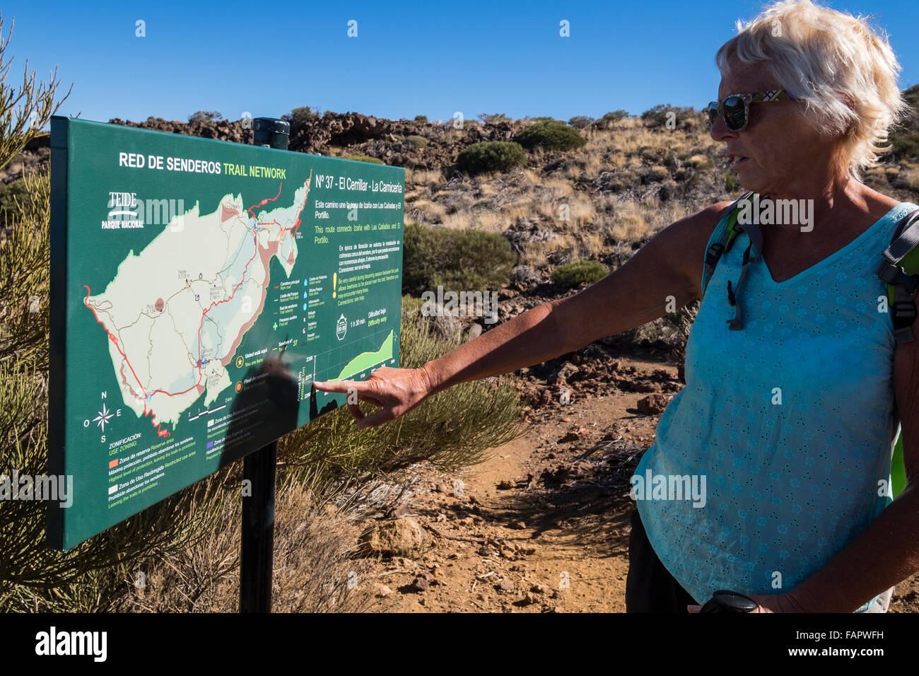Passeggiate attraverso il paesaggio vulcanico nel Las Canadas del Parco Nazionale del Teide Tenerife, Isole Canarie, Spagna. Foto Stock