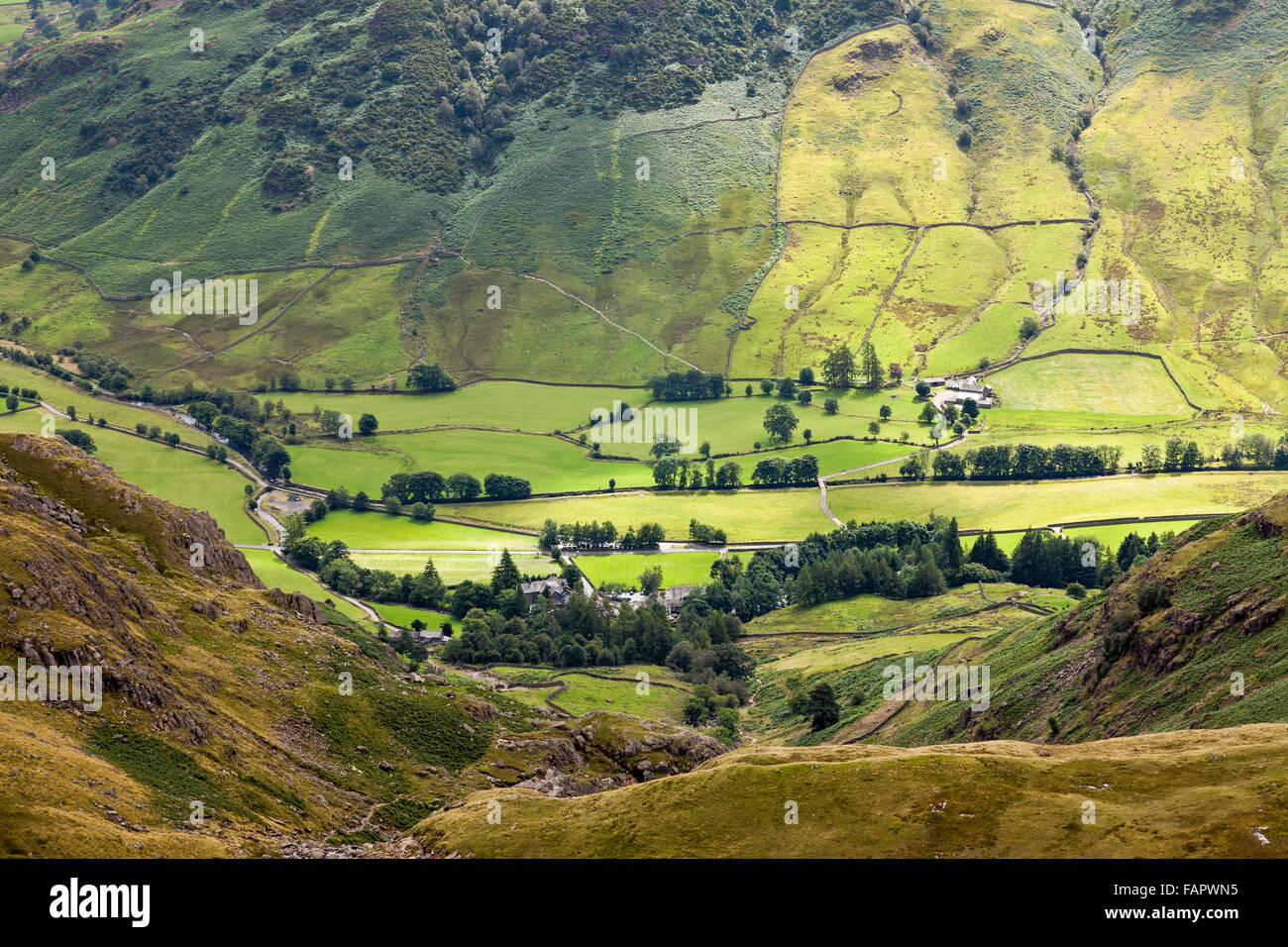 La visualizzazione in basso nella grande Langdale nel distretto del Lago Foto Stock