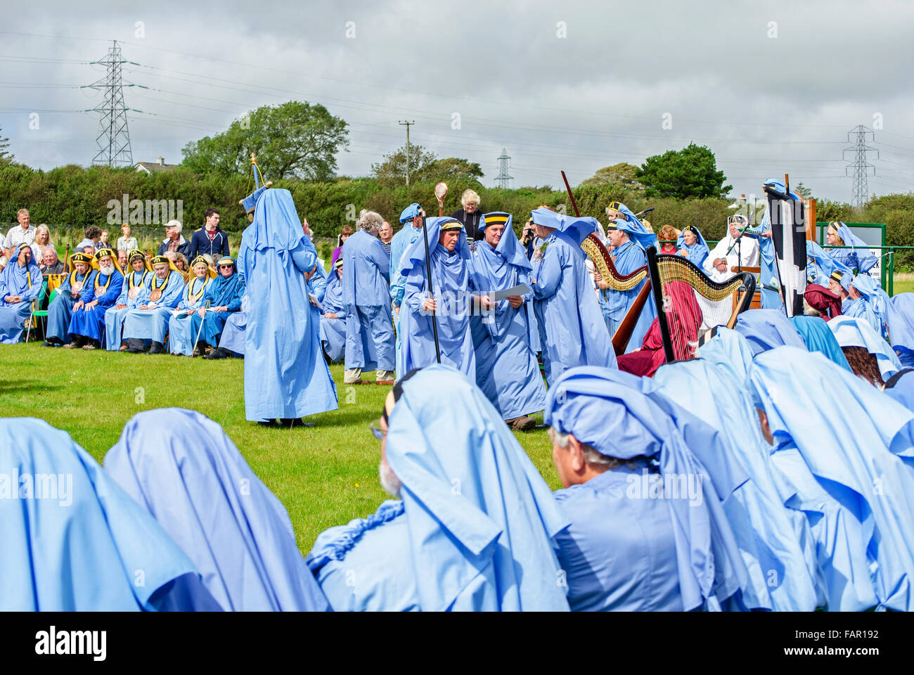 L annuale Cornish Gorsedh cerimonia tenutasi in Cornovaglia, England, Regno Unito, premiato il Bardships per i servizi per la cultura della Cornovaglia. Foto Stock