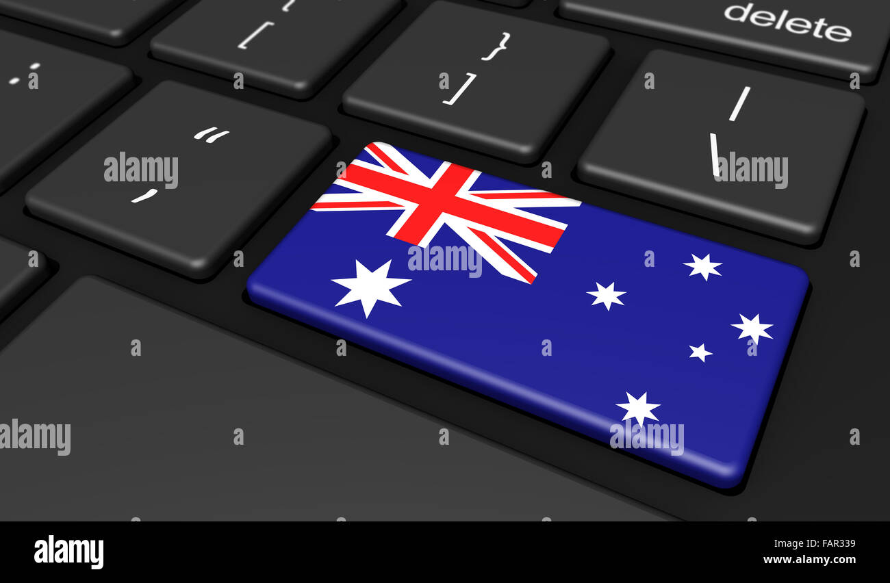 In Australia la digitalizzazione e l'uso delle tecnologie digitali con la bandiera australiana su una chiave del computer. Foto Stock