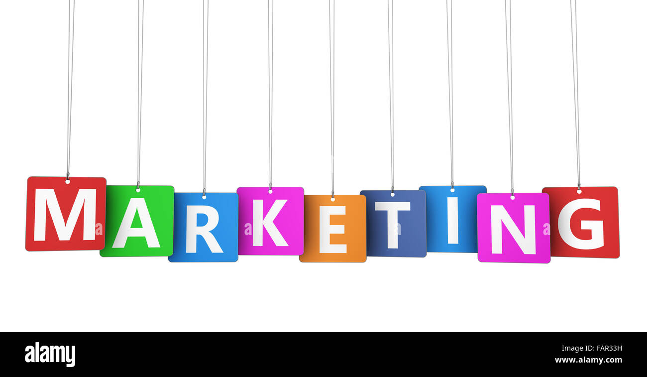 Concetto di marketing con word e segno su carta colorata tags isolato su sfondo bianco. Foto Stock