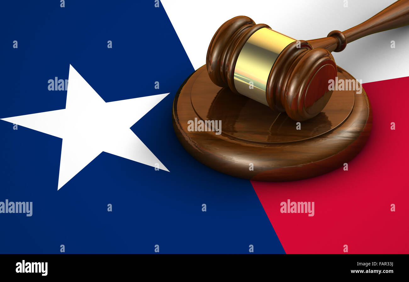 Texas noi lo stato di diritto, codice, del sistema giudiziario e di giustizia concetto con un 3D rendering di un martello sulla bandiera texano sullo sfondo. Foto Stock