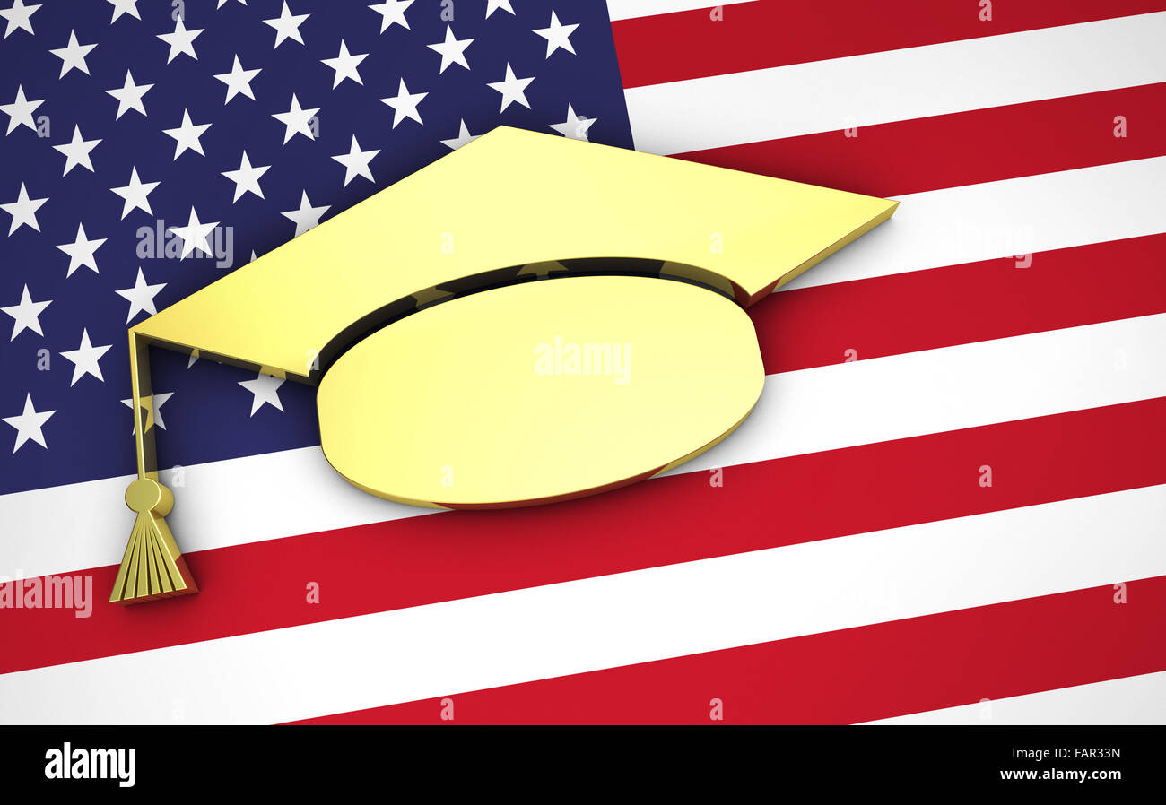 Istruzione Università e del sistema scolastico negli Stati Uniti d'America concetto con noi bandiera e graduazione hat simbolo. Foto Stock