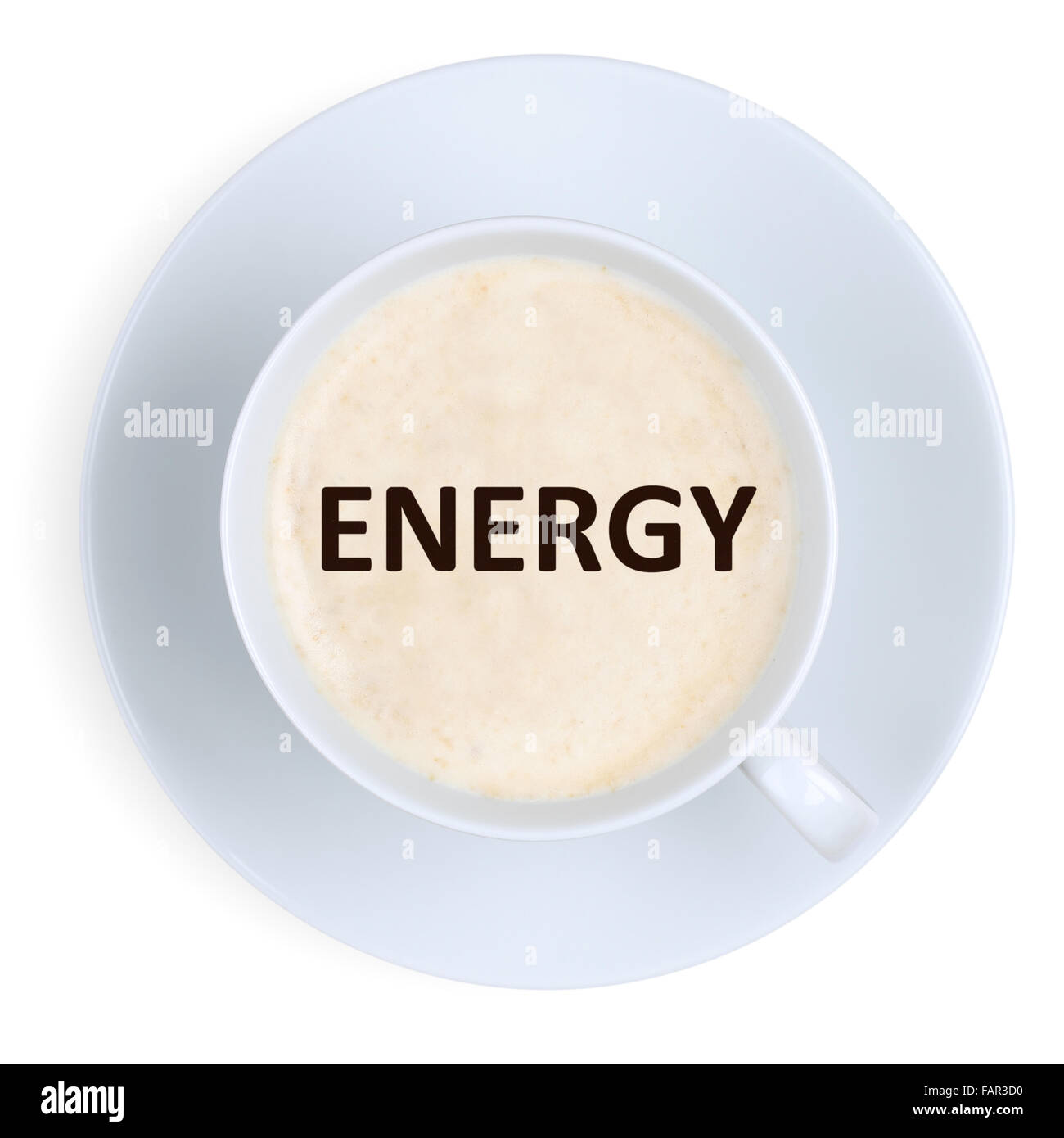 Caffè potenza energetica forte al lavoro di Office con tazza isolata su uno sfondo bianco Foto Stock