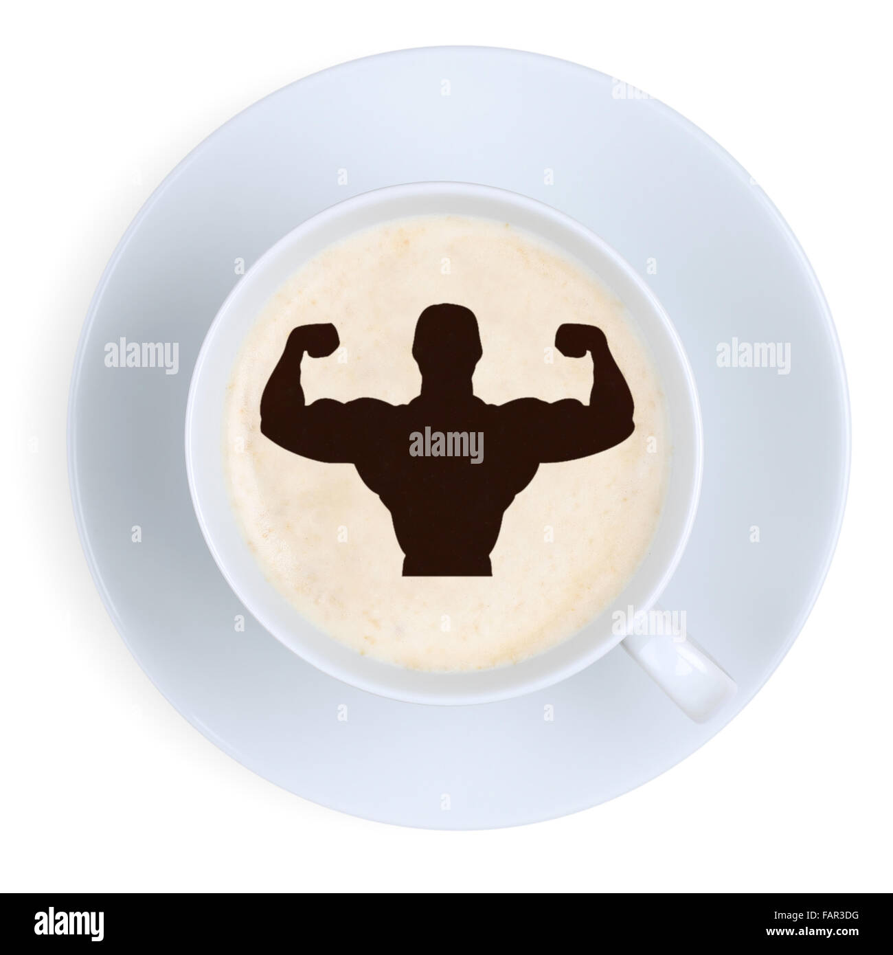 Muscoli caffè montare potenza energetica forte resistenza al lavoro di Office con tazza isolata su uno sfondo bianco Foto Stock