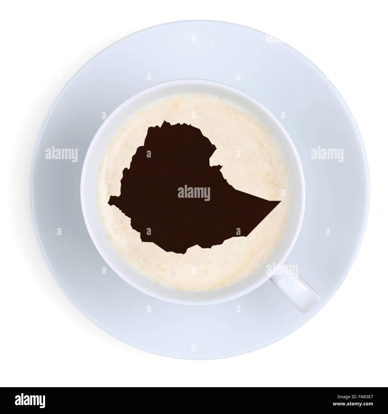 Il caffè nella tazza da Etiopia mappa isolato su uno sfondo bianco Foto Stock