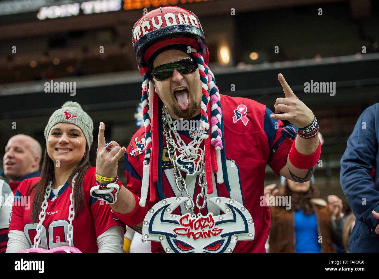 Houston, Texas, Stati Uniti d'America. 3 gennaio, 2016. A Houston Texans ventilatore prima di un gioco di NFL tra Houston Texans e Jacksonville Jaguars a NRG Stadium di Houston, TX su gennaio 3rd, 2016. Credito: Trask Smith/ZUMA filo/Alamy Live News Foto Stock