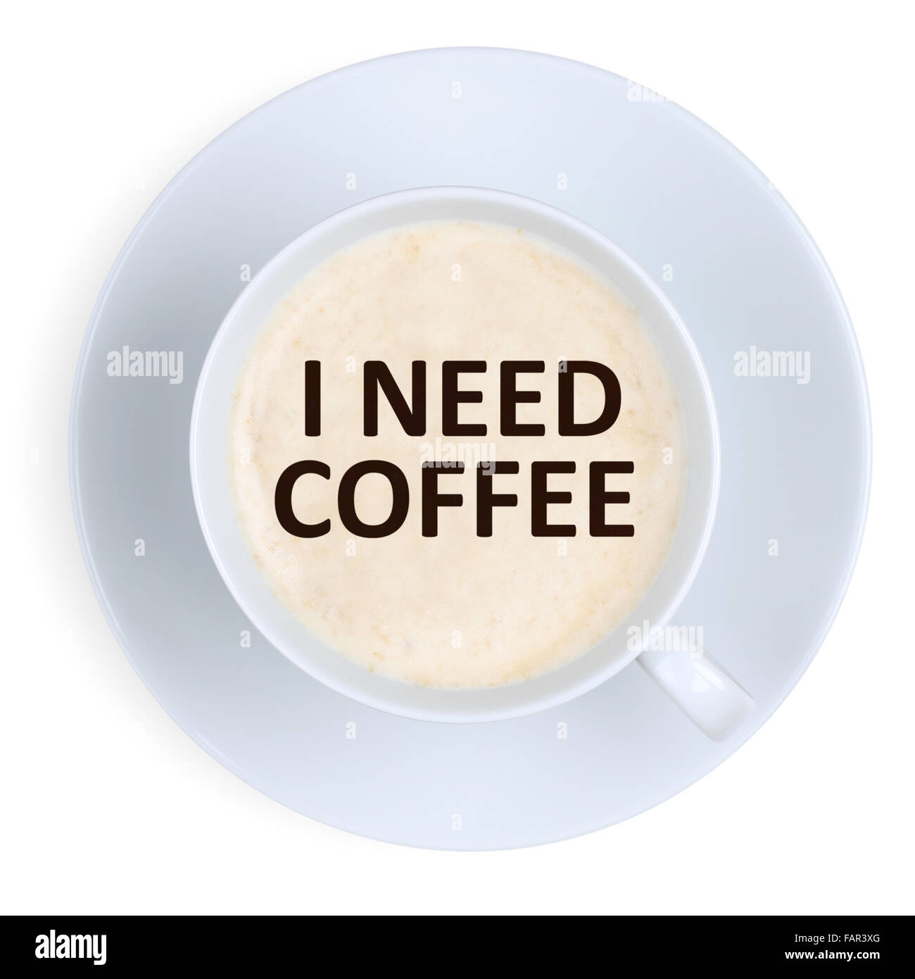 Ho bisogno di caffè potenza energetica di forza lavoro in ufficio con tazza isolata su uno sfondo bianco Foto Stock