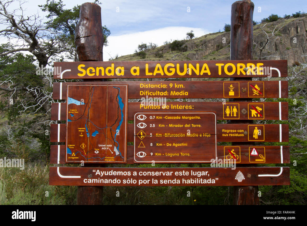 Mappa di escursionismo la Laguna Torre regione del parco nazionale Los Glaciares, Patagonia, Argentina. Foto Stock