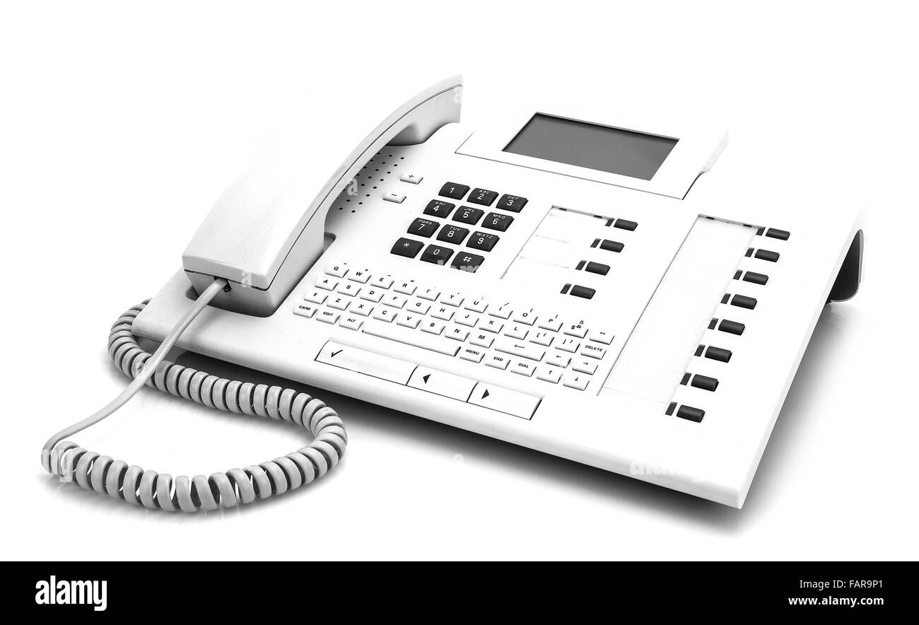 Moderno e di colore bianco Telefono ufficio su sfondo bianco Foto Stock