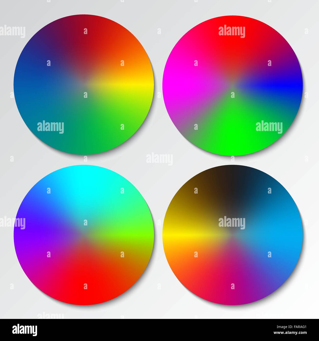 Set di quattro differenti dello spettro di colori di ruote o circolare gradienti di Rainbow. Illustrazione Vettoriale