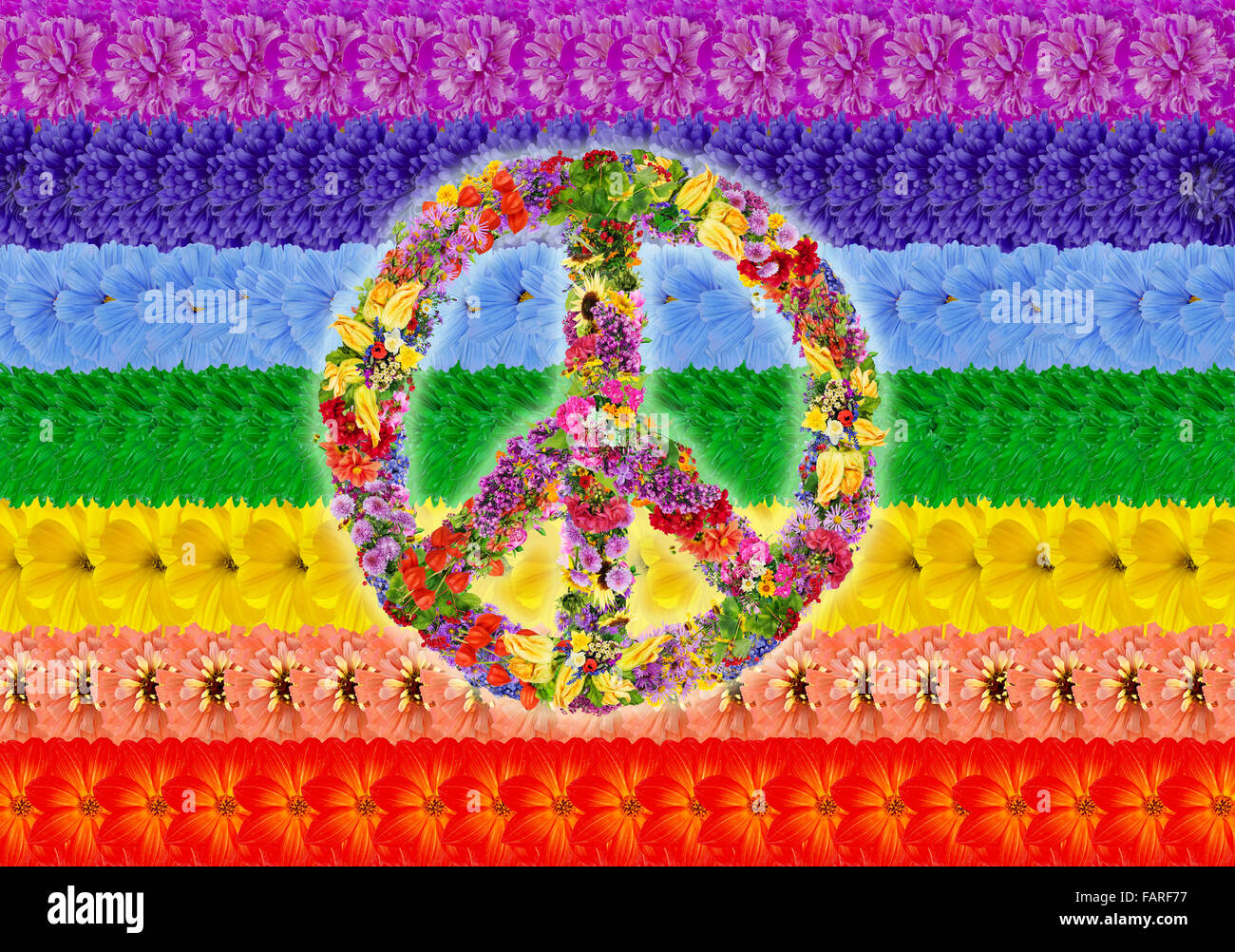 Pace simbolo floreali su rainbow bandiera islamica dello sfondo. Abstract collage fatti a mano dai fiori d'estate Foto Stock