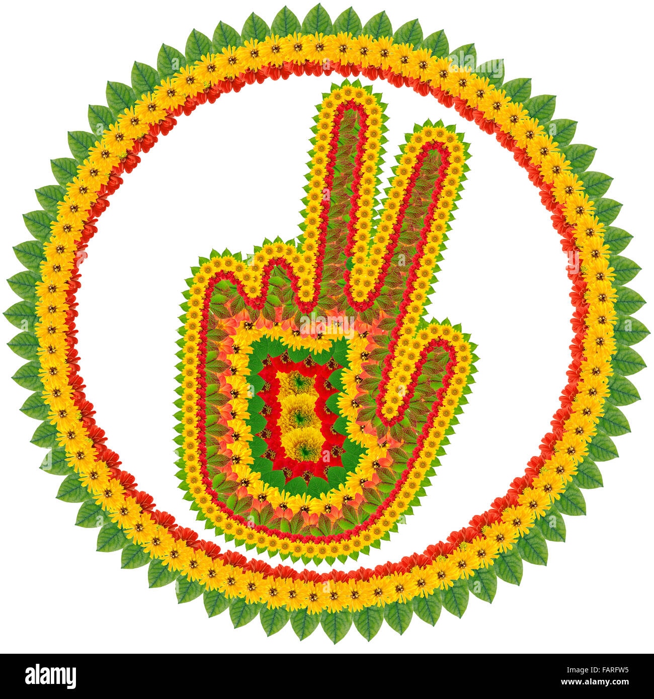 Gesto della mano in forma di segno di vittoria nello stile della Giamaica e Brasile. Abstract isolato collage fatti a mano a partire dall estate flo Foto Stock