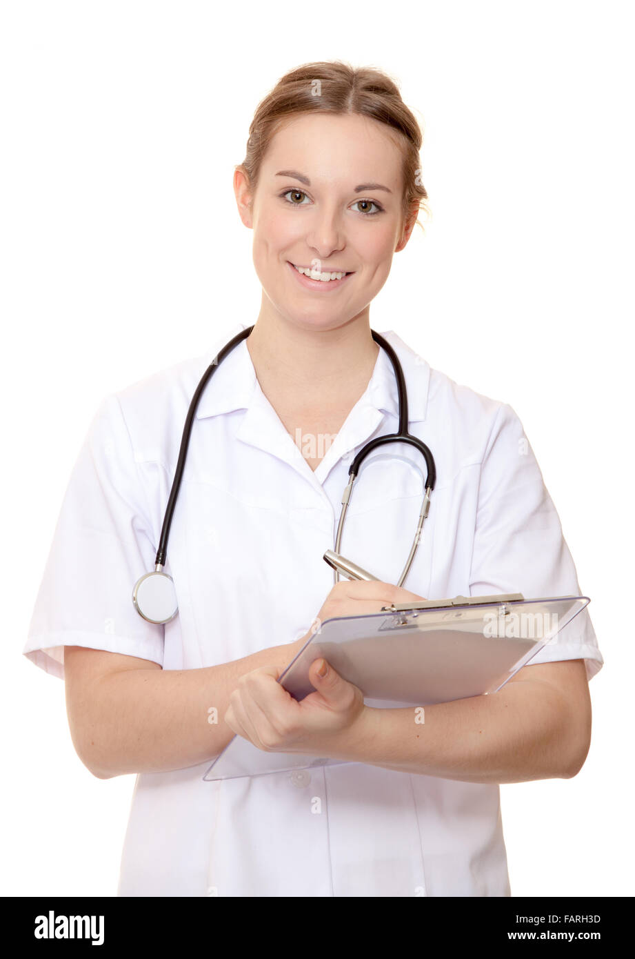Attraente infermiera clinica di contenimento record. Tutto su sfondo bianco. Tutto su sfondo bianco. Foto Stock