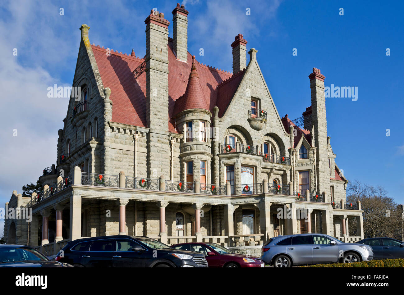 Esterno del Castello Craigdarroch in Victoria, BC, Canada. Architettura vittoriana, National Historic Site. Victoria British Columbia in Canada. Foto Stock