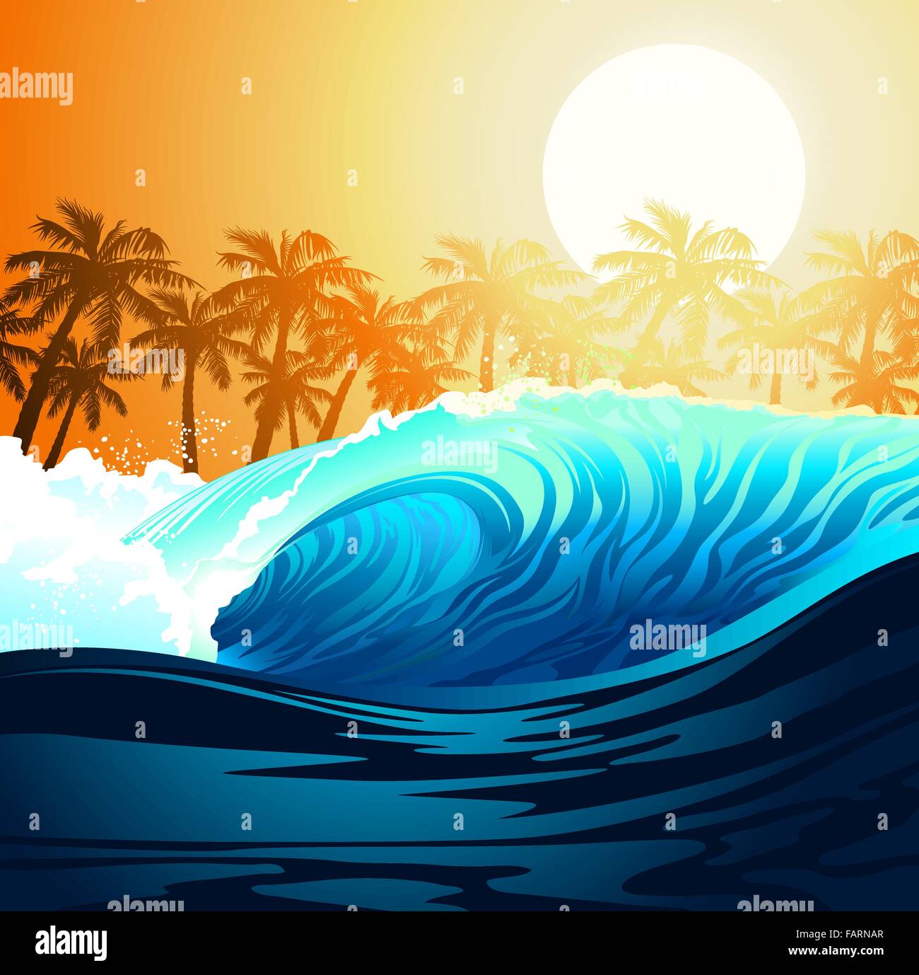 Tropical wave surf a sunrise con palme . Illustrazione Vettoriale