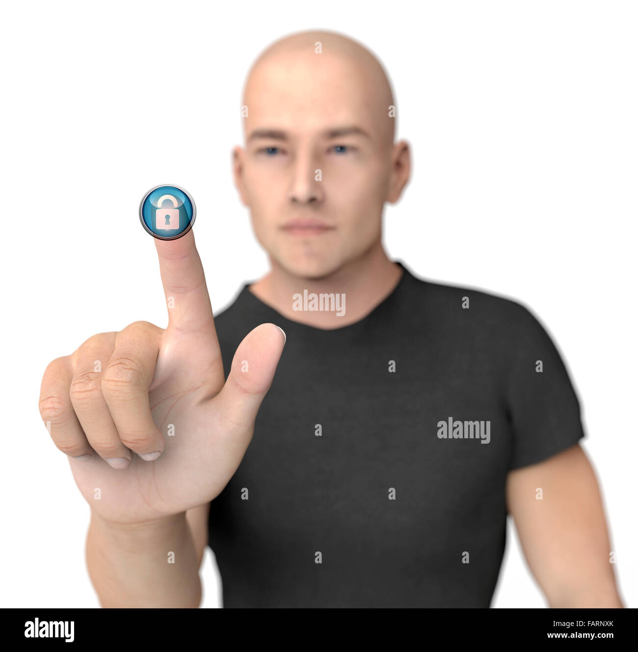 L'uomo premendo virtuale sullo schermo del computer con lucchetto. Foto Stock