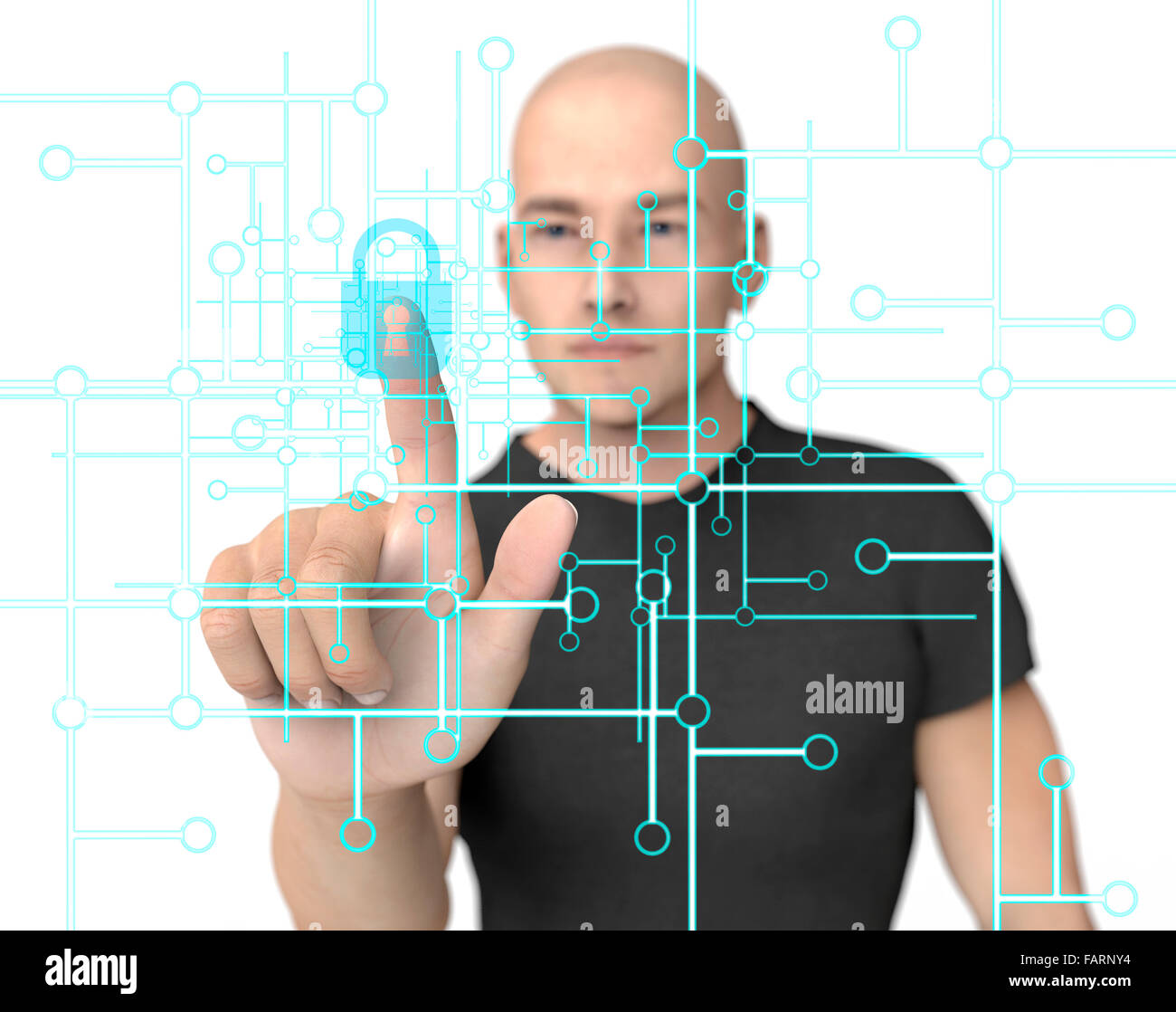 L'uomo premendo virtuale sullo schermo del computer con lucchetto. Foto Stock