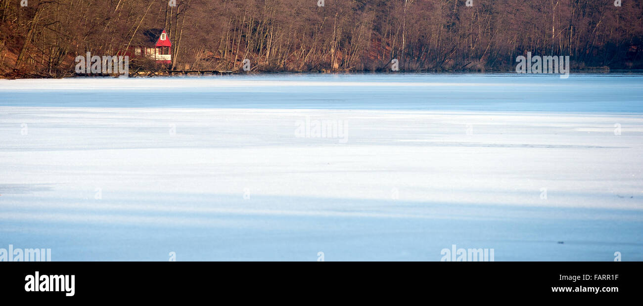 Alt Madlitz, Germania. 3 gennaio, 2016. Una lastra di ghiaccio ricopre la 'Madlitz vedere " Lago di Alt Madlitz, Germania, 3 gennaio 2016. Le temperature nelle parti della Germania sono scesi a temperature sotto zero, infine annunciando il congelamento alle condizioni meteorologiche dopo un lieve inizio della stagione invernale. Foto: Patrick Pleul/dpa/Alamy Live News Foto Stock