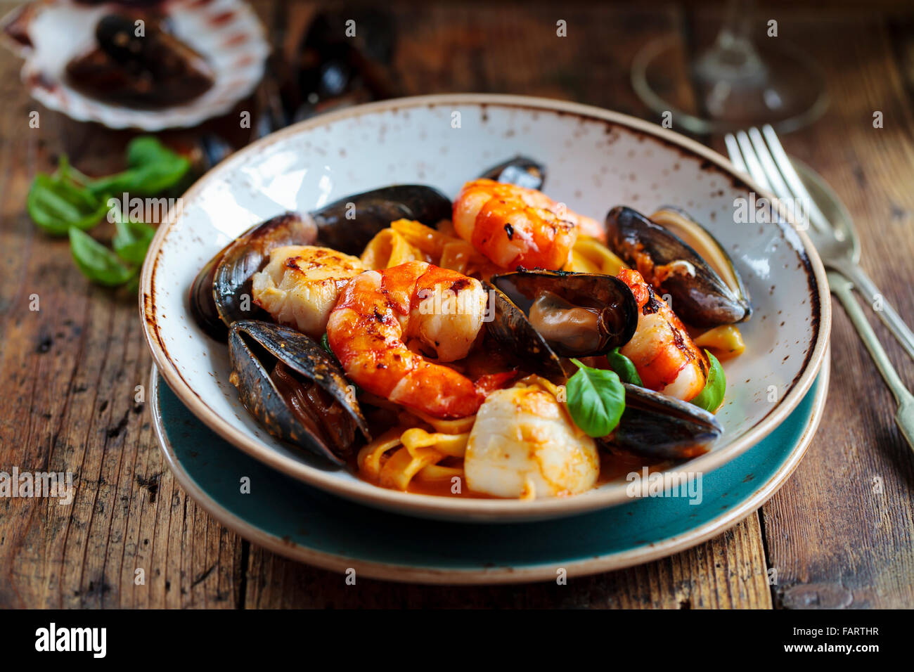 Frutti di mare linguine Foto Stock