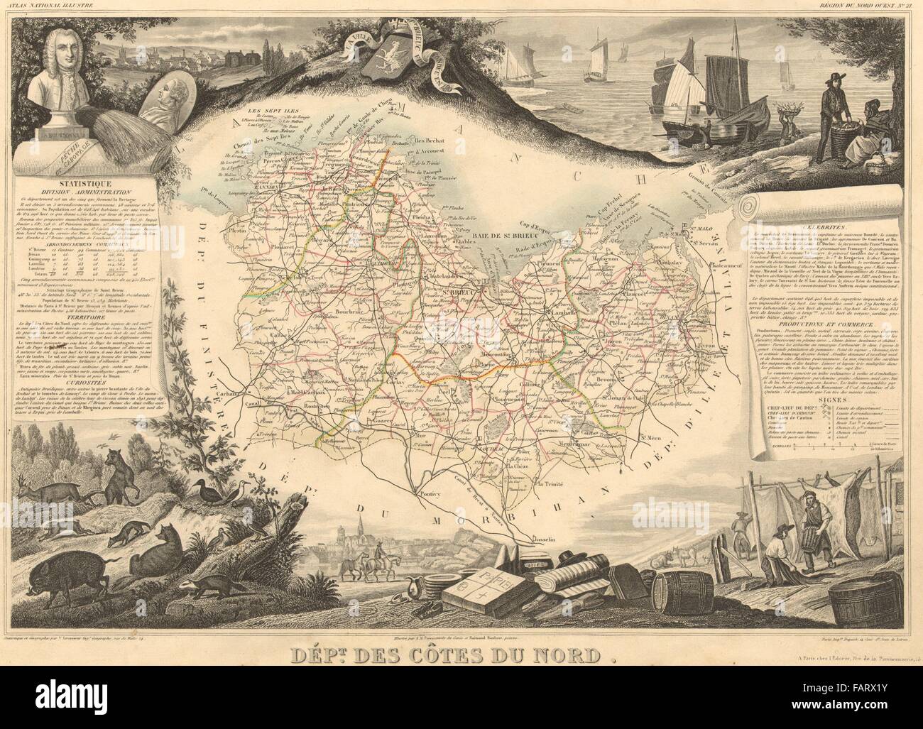 Département des Côtes-DU-NORD. Côtes-d'Armor. Mappa Antico/carte. LEVASSEUR 1852 Foto Stock