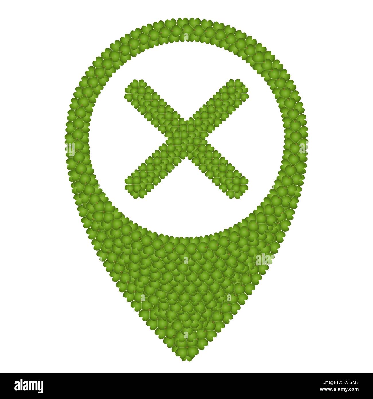 Concetto di ecologia fresco verde quattro Leaf Clover formando Mappa icona Pin o Pin dritto e X Mark, isolato su sfondo bianco Foto Stock