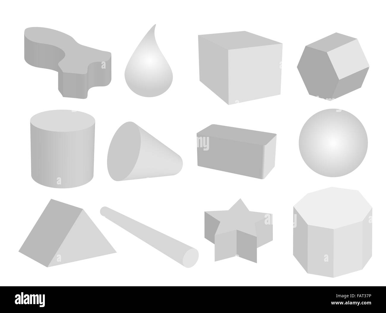 La forma geometrica di colore grigio, gli oggetti o le figure create in una sfera, Triangolo, esagono, cilindro, il cono, la discesa e il cubo Foto Stock