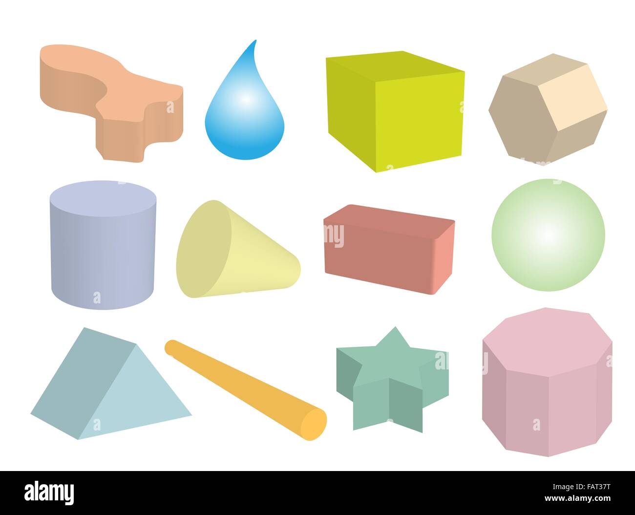 Forma geometrica, un gli oggetti o le figure create in una sfera, Triangolo, esagono, cilindro, il cono, la discesa e il cubo Foto Stock
