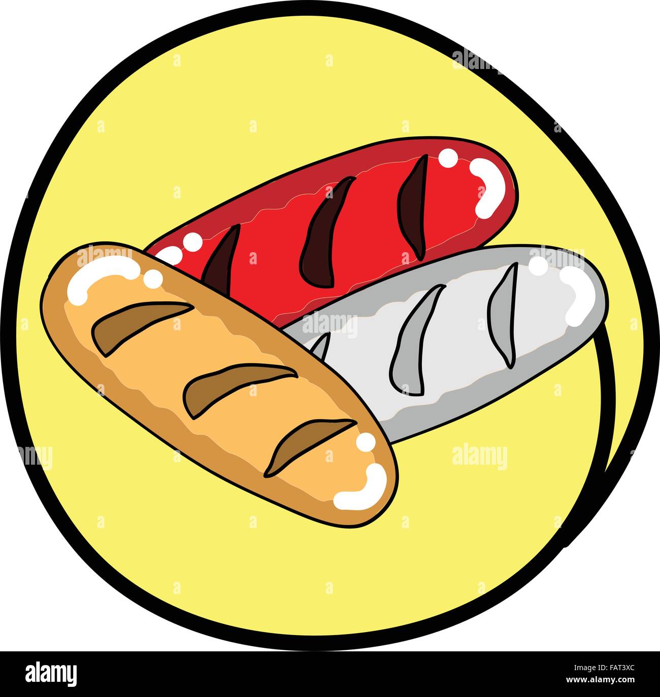 Il cibo e il panificio, un cartoon illustrazione di un filone di pane icona nel cerchio giallo telaio Illustrazione Vettoriale