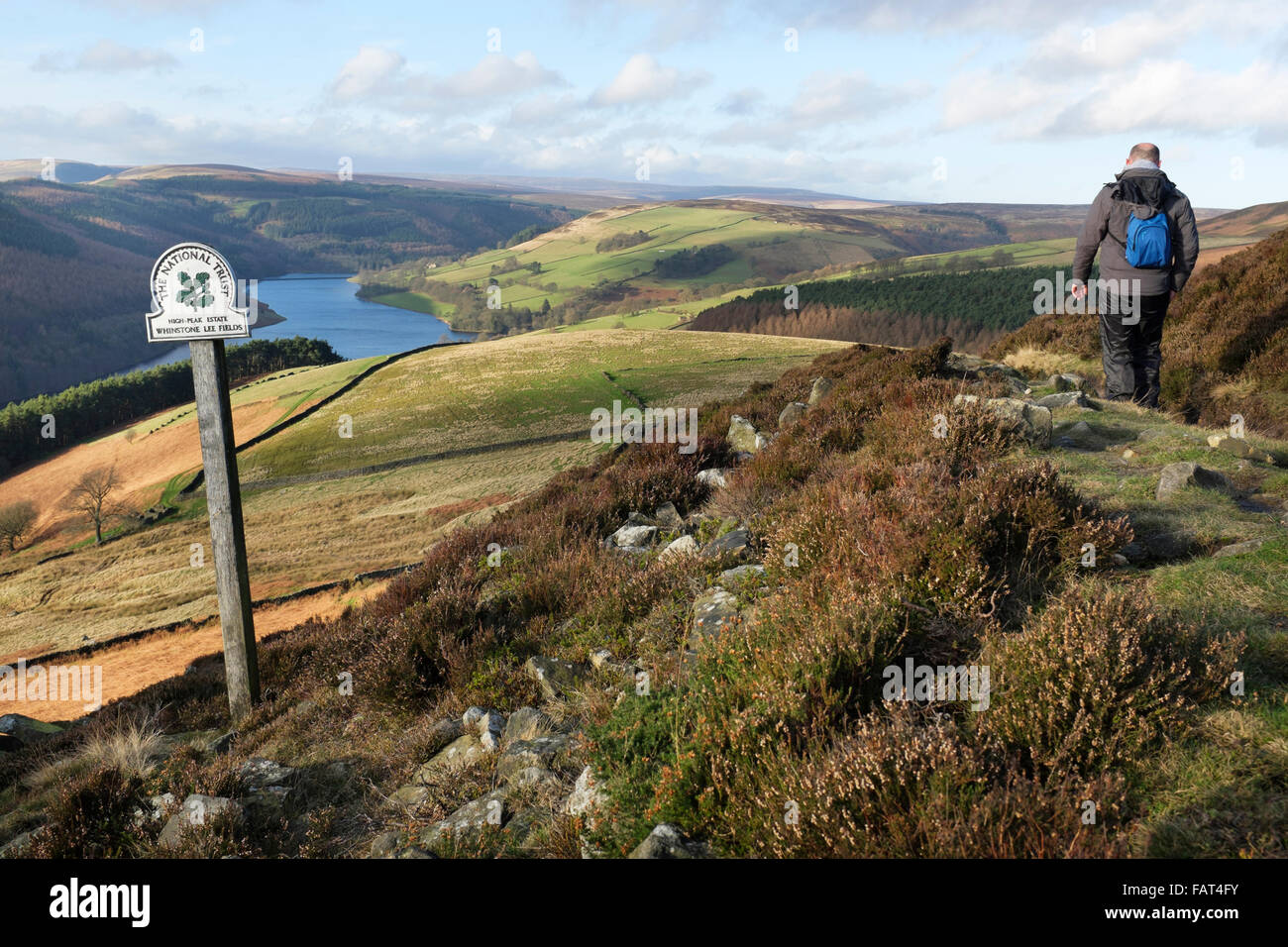 Un uomo cammina passato il National Trust segno, High Peak station wagon, Whinstone Lee campi, Parco Nazionale di Peak District, Derbyshire, Regno Unito Foto Stock