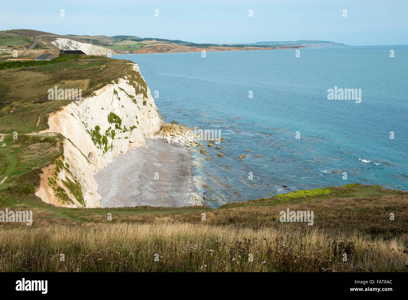 Una vista del paesaggio di chalk cliffs e costa al Tennyson verso il basso sulla costa sud dell'Isola di Wight REGNO UNITO Foto Stock