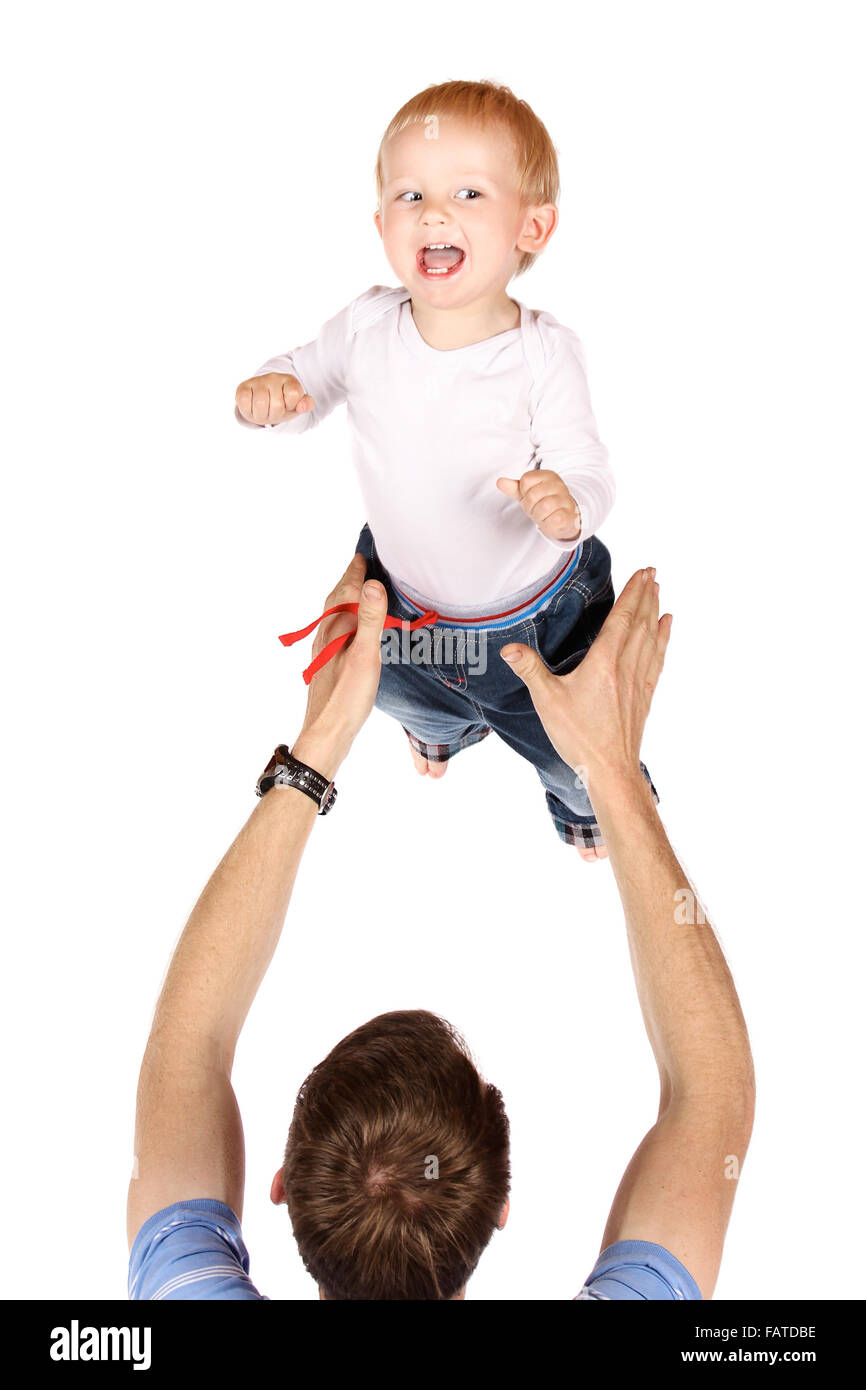 Felice papà caucasico tenendo la sua baby boy. Immagine è isolato su uno sfondo bianco. Foto Stock